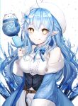  1girl :q blue_hair corset food hair_between_eyes holding holding_food hololive long_hair noyu_(noyu23386566) pointy_ears popsicle smile solo tongue tongue_out virtual_youtuber white_background yellow_eyes yukihana_lamy 