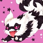  animal_focus banchiku black_eyes claws colored_sclera commentary_request fangs fluffy galarian_form galarian_zigzagoon gen_8_pokemon half-closed_eyes happy jumping looking_at_viewer no_humans open_mouth pink_background pink_sclera pokemon pokemon_(creature) simple_background smile solo star_(symbol) starry_background tongue tongue_out wavy_mouth 
