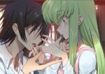  1boy 1girl apron bangs black_hair c.c. chin_hold chocolate chocolate_on_face chocolate_syrup code_geass collared_shirt creayus finger_licking finger_to_mouth food food_on_face green_hair hair_between_eyes holding holding_hand lelouch_lamperouge licking long_hair long_sleeves pink_apron profile shirt short_hair sidelocks tongue tongue_out upper_body violet_eyes white_shirt window yellow_eyes 