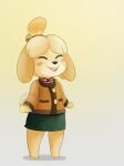  1girl ^_^ animal_crossing animal_ears animal_nose barefoot bell blonde_hair blush_stickers body_fur brown_jacket closed_eyes commentary dog_ears dog_girl dog_tail english_commentary flat_chest full_body furry gradient gradient_background green_skirt hair_bell hair_ornament hair_tie happy highres isabelle_(animal_crossing) jacket jingle_bell little_grey_wolf long_sleeves miniskirt neck_ribbon open_mouth pencil_skirt red_neckwear red_ribbon ribbon shirt short_hair simple_background skirt smile solo standing tail teeth tied_hair topknot white_shirt yellow_background yellow_fur 
