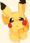  animal_focus banchiku beige_background blush blush_stickers brown_eyes commentary_request fang full_body gen_1_pokemon half-closed_eye hand_up highres light_blush no_humans nose_blush open_mouth pikachu pokemon pokemon_(creature) shiny simple_background sketch sleepy solo uneven_eyes 