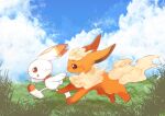  animal_focus banchiku blonde_hair blue_sky blush brown_eyes closed_mouth clouds commentary_request day fang flareon fluffy from_side full_body gen_1_pokemon gen_8_pokemon grass happy licking_lips light_blush no_humans nose_blush open_mouth outdoors pokemon pokemon_(creature) profile red_eyes running scorbunny short_hair sky smile sweat tongue tongue_out 