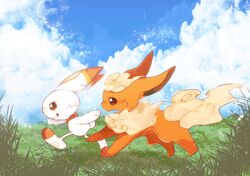  animal_focus banchiku blonde_hair blue_sky blush brown_eyes closed_mouth clouds commentary_request day fang flareon fluffy from_side full_body gen_1_pokemon gen_8_pokemon grass happy licking_lips light_blush no_humans nose_blush open_mouth outdoors pokemon pokemon_(creature) profile red_eyes running scorbunny short_hair sky smile sweat tongue tongue_out 