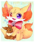  alternate_eye_color animal_ear_fluff animal_focus banchiku bell border bow bowtie clothed_pokemon clover commentary_request doll eevee english_text fennekin fluffy four-leaf_clover full_body gen_1_pokemon gen_6_pokemon green_background happy_birthday heterochromia highres jingle_bell looking_at_viewer no_humans outside_border pawpads pink_bow pink_neckwear pokemon pokemon_(creature) red_eyes simple_background sitting solo star_(symbol) stuffed_animal stuffed_toy typo violet_eyes white_border 