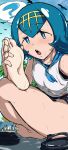  1girl :o ? absurdres bare_legs barefoot blue_eyes blue_hair blue_sailor_collar blush clip_studio_paint_(medium) eyelashes feet flip-flops foot_hold gen_8_pokemon gold_hairband highres lana_(pokemon) new_world-9 no_sclera pokemon pokemon_(creature) pokemon_(game) pokemon_sm sailor_collar sandals sandals_removed shiny shiny_hair shirt short_hair sitting sky sobble soles starter_pokemon swimsuit swimsuit_under_clothes toes trial_captain wet white_shirt 