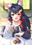  1girl animal_ear_fluff animal_ears black_choker black_hair black_hoodie blurry blurry_background blush cake chocolate_cake choker collarbone commentary english_commentary eyelashes feeding food fork hair_between_eyes hair_ornament holding holding_fork hololive hood hoodie izumi_sai light_rays long_hair long_sleeves looking_at_viewer multicolored_hair ookami_mio open_mouth orange_eyes pov_across_table redhead sitting sleeves_past_wrists smile solo streaked_hair sunlight symbol_commentary two-tone_hair two-tone_hoodie upper_body virtual_youtuber white_hoodie wolf_ears 