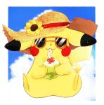  :3 absurdres animal_focus banchiku blue_sky blush_stickers border brown_eyes brown_headwear closed_mouth clothed_pokemon clouds commentary_request day drink drinking drinking_straw flower full_body gen_1_pokemon happy hat hat_flower highres holding holding_drink no_humans orange-framed_eyewear outdoors outside_border pikachu pokemon pokemon_(creature) sitting sky smile solo straight-on straw_hat sun_hat sunglasses white_border yellow_flower 