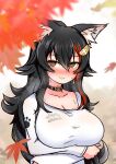  1girl :3 animal_collar animal_ear_fluff animal_ears arms_under_breasts ashiga_oreta autumn autumn_leaves bangs black_hair blush breast_hold breasts collar collarbone crossed_arms embarrassed flipped_hair hair_between_eyes highres hololive large_breasts long_hair long_sleeves looking_at_viewer multicolored_hair nervous nervous_smile ookami_mio redhead shirt solo streaked_hair sweat upper_body very_long_hair virtual_youtuber white_shirt wolf_ears wolf_girl yellow_eyes 