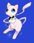  animal_focus artist_name banchiku blue_background blue_eyes commentary_request full_body gen_1_pokemon glowing holding jpeg_artifacts legendary_pokemon looking_up mew mythical_pokemon no_humans open_mouth pokemon pokemon_(creature) signature simple_background solo star_(symbol) 
