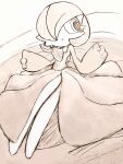 1girl bangs bed_sheet blush commentary_request from_above gardevoir gen_3_pokemon hair_over_one_eye hands_up highres komhey looking_to_the_side lying monochrome on_back open_mouth pokemon pokemon_(creature) short_hair sketch solo 