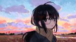  1girl ahoge black_eyes black_hair blush building earphones earphones glasses grass grey-framed_eyewear highres long_hair original outdoors parted_lips semi-rimless_eyewear solo tree twilight under-rim_eyewear upper_body zinbei 