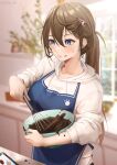  1girl apron artist_name baking bangs blue_apron blurry blurry_background blush bowl brown_hair chocolate closed_mouth commentary_request crescent crescent_hair_ornament depth_of_field ear_piercing expulse food food_on_face hair_between_eyes hair_ornament hairclip highres holding holding_bowl hood hood_down hoodie indoors long_hair long_sleeves original piercing ponytail solo tablet_pc upper_body valentine whisk white_hoodie 
