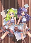  2girls animal_ears armor backpack bag bangs blue_eyes blue_hair blue_shirt blush breastplate brown_background brown_footwear brown_gloves commentary_request cover cover_page doujin_cover eyebrows_visible_through_hair feathered_wings feet_out_of_frame gloves green_hair head_wings holding_hands long_hair looking_at_viewer multiple_girls okishiji_en open_mouth ragnarok_online shirt shorts sidelocks sleeveless sleeveless_shirt stamp super_novice_(ragnarok_online) violet_eyes white_shorts white_wings wings 