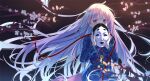  1girl backlighting bangs blue_shirt blurry_foreground cherry_blossoms circle colored_eyelashes constricted_pupils covering_mouth eyebrows_visible_through_hair floating_hair hair_between_eyes hata_no_kokoro highres holding holding_mask katee long_hair long_sleeves looking_at_viewer mask noh_mask pink_hair pink_skirt plaid plaid_shirt reflective_eyes shiny shiny_hair shiny_skin shirt skirt solo star_(symbol) touhou tree_branch triangle untucked_shirt upper_body very_long_hair violet_eyes wind 