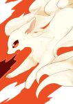  absurdres animal_focus banchiku breathing_fire commentary_request fang fire from_side gen_1_pokemon highres ninetales no_humans open_mouth pawpads pokemon pokemon_(creature) profile red_background red_eyes simple_background solo two-tone_background 