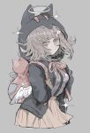  1girl animal_hood backpack bad_anatomy bag bangs black_jacket black_shirt breasts brown_skirt cat_bag cat_hood cowboy_shot cropped_legs dangan_ronpa_(series) dangan_ronpa_2:_goodbye_despair dress_shirt frown grey_background hair_ornament hairclip halo highres holding_strap hood hood_up hooded_jacket jacket kara_aren long_sleeves looking_at_viewer nanami_chiaki neck_ribbon pink_bag pink_eyes pink_ribbon pleated_skirt ribbon shiny shiny_hair shirt shirt_tucked_in simple_background skirt solo spaceship_hair_ornament sparkle symbol_commentary white_shirt wings 