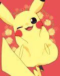  :3 absurdres animal_focus banchiku black_eyes blush_stickers commentary_request fang flower from_above full_body gen_1_pokemon happy highres looking_at_viewer lying no_humans on_back one_eye_closed open_mouth pikachu pokemon pokemon_(creature) red_background red_flower skin_fang smile solo yellow_flower 