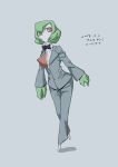  1girl bangs barefoot black_neckwear bow bowtie closed_mouth clothed_pokemon colored_skin commentary_request dated eyes_visible_through_hair formal full_body gardevoir gen_3_pokemon green_hair green_skin grey_background grey_jacket grey_pants hair_between_eyes jacket long_sleeves looking_to_the_side multicolored multicolored_skin nayuta_takumi pants pokemon pokemon_(creature) red_eyes shirt short_hair simple_background solo standing suit translation_request two-tone_skin walking white_shirt white_skin 