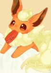 afterimage animal_focus banchiku bed_sheet blonde_hair blush bowl brown_eyes commentary_request flareon fluffy gen_1_pokemon highres looking_up motion_lines mouth_hold no_humans pet_bowl pokemon pokemon_(creature) short_hair simple_background solo tail tail_wagging translated upper_body yellow_background 