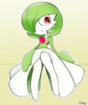  1girl artist_name bangs beige_background blush bob_cut character_name commentary_request english_text full_body gardevoir gen_3_pokemon hair_over_one_eye highres komhey looking_to_the_side open_mouth pokemon pokemon_(creature) red_eyes signature simple_background solo 