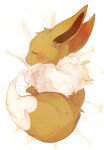  animal_focus banchiku bed_sheet blush closed_eyes commentary_request eevee fluffy from_above full_body gen_1_pokemon highres jpeg_artifacts lying no_humans nose_blush on_side pokemon pokemon_(creature) simple_background sleeping solo white_background 
