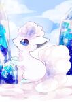  absurdres alolan_form alolan_vulpix animal_focus banchiku blue_eyes blue_sky blush clouds commentary_request crystal day from_side full_body gen_7_pokemon highres light_blush looking_at_viewer no_humans open_mouth outdoors pokemon pokemon_(creature) profile short_hair sky snow solo white_hair 