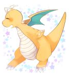  animal_focus antennae banchiku blush claws closed_eyes commentary_request dragonite fang from_side full_body gen_1_pokemon no_humans open_mouth pokemon pokemon_(creature) profile simple_background skin_fang solo standing star_(symbol) starry_background white_background 