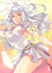  caren_hortensia caren_hortensia_(amor_caren) dress ebippoid fate/grand_order fate_(series) heart highres lips looking_at_viewer thighs white_dress white_hair yellow_eyes 