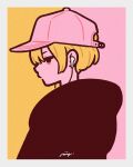  1girl absurdres baseball_cap blonde_hair border brown_eyes earphones earphones expressionless flat_color grey_border hat highres limited_palette original pink_background pink_headwear profile short_hair solo two-tone_background upper_body yellow_background yoshi_mi_yoshi 