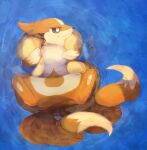  afloat animal_focus banchiku blue_background brown_eyes closed_mouth commentary_request floatzel from_above gen_4_pokemon half-closed_eyes highres looking_to_the_side multiple_tails no_humans partially_submerged pawpads pokemon pokemon_(creature) solo spread_legs tail two_tails water 