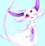  :3 alternate_shiny_pokemon animal_focus banchiku blue_background blush claws commentary_request espeon fangs fluffy forehead_jewel full_body gen_2_pokemon happy jpeg_artifacts looking_at_viewer no_humans one_eye_closed open_mouth pawpads pokemon pokemon_(creature) red_eyes simple_background smile solo spread_legs 