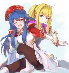  2girls ahoge bangs blonde_hair blue_eyes blue_hair blush bracelet clarine_(fire_emblem) fire_emblem fire_emblem:_the_binding_blade full_body gloves highres jaegan jewelry lilina_(fire_emblem) long_hair multiple_girls one_eye_closed ponytail wrestling 