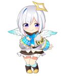  1girl amane_kanata ame. armband bangs black_footwear black_skirt blue_bow blue_eyes blue_hair blue_wings blush boots bow chibi closed_mouth eyebrows_visible_through_hair eyes_visible_through_hair feathered_wings frilled_skirt frills full_body gradient gradient_wings hair_over_one_eye highres hololive kneehighs long_sleeves looking_at_viewer mini_wings multicolored multicolored_hair multicolored_wings plaid plaid_legwear shirt silver_hair simple_background skirt sleeves_past_wrists smile solo standing two-tone_hair v-shaped_eyebrows virtual_youtuber white_background white_shirt white_wings wings 