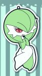  1girl blue_background chibi commentary_request drop_shadow full_body gardevoir gen_3_pokemon green_hair hair_over_one_eye hands_together hands_up happy heart highres looking_at_viewer muguet open_mouth outline pokemon pokemon_(creature) red_eyes short_hair simple_background smile solo striped striped_background white_outline 