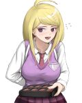  1girl :d absurdres ahoge akamatsu_kaede arm_behind_back bangs blonde_hair blush box breasts chocolate collarbone collared_shirt commentary cowboy_shot crazy_eyes dangan_ronpa_(series) dangan_ronpa_v3:_killing_harmony flying_sweatdrops hair_ornament highres holding large_breasts long_hair long_sleeves looking_at_viewer mint_cat_(a_huu) musical_note musical_note_hair_ornament necktie open_mouth pink_vest pleated_skirt purple_skirt school_uniform shiny shiny_hair shirt simple_background skirt smile solo sweater_vest swept_bangs upper_body upper_teeth valentine vest violet_eyes white_background white_shirt 