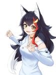  1girl :d animal_collar animal_ear_fluff animal_ears bangs black_collar black_hair clothing_cutout collar collarbone fang from_side hair_between_eyes hair_ornament hairclip highres hololive jiu_fanglianhua long_hair long_sleeves looking_at_viewer multicolored_hair ookami_mio open_mouth paw_pose paw_print redhead shirt shoulder_cutout simple_background skin_fang smile solo streaked_hair upper_body virtual_youtuber white_background white_hair white_shirt wolf_ears wolf_girl yellow_eyes 