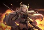  1girl arknights artist_name bangs belt belt_pouch black_horns black_legwear breasts claw_pose detached_sleeves eyebrows_visible_through_hair fire holding holding_weapon horns hoshiko_(419401x) id_card impossible_clothes large_breasts long_hair looking_at_viewer matoimaru_(arknights) medium_breasts open_mouth orange_eyes pouch red_eyes smile solo standing very_long_hair weapon 