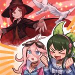  &gt;_&lt; 3girls :d animal antenna_hair bangs barbed_wire bird black_cape black_choker black_jacket blazer blue_shirt blush bob_cut bow breasts brown_headwear cape chabashira_tenko choker clenched_hands closed_eyes dangan_ronpa_(series) dangan_ronpa_v3:_killing_harmony dove goggles goggles_on_head green_hair hair_ornament hairclip hands_up hat highres iruma_miu jacket long_hair long_sleeves medium_breasts multiple_girls neck_bell open_mouth pink_choker pleated_skirt red_background red_cape red_skirt redhead sailor_collar school_uniform seagx8 shiny shiny_hair shirt short_hair skirt smile sparkle sweat witch_hat xd yellow_background yumeno_himiko 