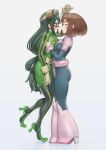  2girls :d absurdres ass asui_tsuyu bangs black_hair blush blush_stickers bodysuit boku_no_hero_academia boots breast_press breasts brown_eyes brown_hair closed_eyes full_body glasses gloves goggles goggles_on_head grin hair_rings hand_up high_heel_boots high_heels highres joshirah long_hair low-tied_long_hair medium_breasts multiple_girls open_mouth shiny shiny_hair short_hair sidelocks smile standing symmetrical_docking teeth uraraka_ochako white_gloves yuri 