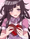  1girl absurdres apron bandaged_arm bandages bangs blunt_bangs blush collared_shirt commentary_request dangan_ronpa_(series) dangan_ronpa_2:_goodbye_despair dated eyebrows_visible_through_hair flying_sweatdrops hands_up heart highres holding long_hair looking_at_viewer mole mole_under_eye nekoma_hikaru open_mouth pink_background puffy_short_sleeves puffy_sleeves purple_hair shirt short_sleeves simple_background solo tsumiki_mikan upper_body valentine white_apron 