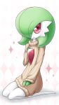  1girl blush brown_sweater clothed_pokemon commentary_request diamond_(shape) full_body gardevoir gen_3_pokemon green_hair hair_over_one_eye hand_on_own_chest kneeling long_sleeves looking_at_viewer muguet pokemon pokemon_(creature) red_eyes short_hair simple_background sitting smile solo sweater white_background 