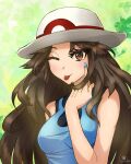  1girl artist_name bare_shoulders blue_nails blue_shirt blush breasts brown_eyes brown_hair closed_mouth commentary english_commentary eyebrows_visible_through_hair fingernails green_background hand_up happy hat highres leaf leaf_(pokemon) looking_at_viewer medium_breasts nail_polish one_eye_closed pokemon pokemon_(game) pokemon_frlg shirt signature simplyseed sleeveless sleeveless_shirt smile solo tongue tongue_out upper_body white_headwear 