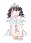  1girl angel_wings bare_legs barefoot black_hair commentary_request dress flower_wreath fukumaru_koito full_body idolmaster idolmaster_shiny_colors jewelry knees_up long_hair looking_at_viewer necklace sitting soles solo twintails violet_eyes white_background white_dress wings youdie 