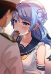  1boy 1girl admiral_(kancolle) bare_shoulders black_hair black_sailor_collar blue_eyes blue_hair blush candy chocolate chocolate_heart collarbone double_bun elbow_gloves eyebrows_visible_through_hair food gloves hat heart highres kantai_collection long_hair long_sleeves military military_uniform mouth_hold naval_uniform neckerchief peaked_cap sailor_collar sailor_hat school_uniform senbei_(senbe_i) serafuku short_hair uniform urakaze_(kancolle) white_gloves white_headwear yellow_neckwear 