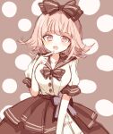  1girl alternate_costume bangs black_bow bow breasts brown_skirt commentary_request dangan_ronpa_(series) dangan_ronpa_2:_goodbye_despair dress eyebrows_visible_through_hair finger_to_mouth flipped_hair hair_bow hand_up index_finger_raised large_breasts light_brown_hair looking_at_viewer mari_audio medium_hair nanami_chiaki open_mouth pleated_skirt puffy_short_sleeves puffy_sleeves sailor_collar shirt short_sleeves sketch skirt solo upper_teeth white_shirt 