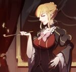  1girl 3four beatrice_(umineko) blonde_hair blue_eyes breasts bug butterfly choker dress insect looking_at_viewer necktie orange_butterfly short_hair smile solo umineko_no_naku_koro_ni 