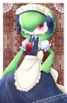  1girl alternate_costume apron blue_dress blue_neckwear blush border brown_background clothed_pokemon colored_skin commentary_request dress enmaided gardevoir gen_3_pokemon green_skin hair_over_one_eye hand_on_hip happy highres looking_at_viewer maid maid_apron maid_headdress muguet multicolored multicolored_skin neck_ribbon open_mouth outside_border pokemon pokemon_(creature) puffy_short_sleeves puffy_sleeves red_eyes ribbon shirt short_sleeves sleeveless sleeveless_dress smile solo standing two-tone_skin white_apron white_border white_shirt white_skin 