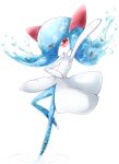  1girl alternate_color arm_up blue_hair bubble commentary_request fish full_body gen_3_pokemon goldfish hair_over_one_eye hand_up happy highres kirlia leg_up muguet no_humans open_mouth pokemon pokemon_(creature) red_eyes ripples shiny_pokemon simple_background smile solo standing standing_on_one_leg water white_background 