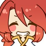  1boy blush blush_stickers chibi closed_eyes commentary_request eyebrows_visible_through_hair face happy lowres luke_fon_fabre male_focus muguet redhead shiny shiny_hair simple_background smile solo tales_of_(series) tales_of_the_abyss teeth white_background 