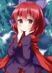  1girl bangs blue_background blue_bow blush bow cape closed_mouth commentary_request disembodied_head eyebrows_visible_through_hair hair_between_eyes hair_bow hands_on_own_cheeks hands_on_own_face highres long_sleeves purple_shirt red_cape red_eyes red_skirt redhead ruu_(tksymkw) sekibanki shirt short_hair skirt smile solo touhou 